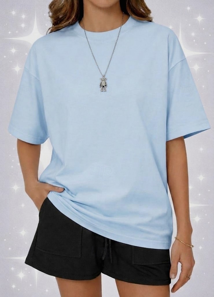 Camiseta de mujer de 100% algodón oversized camiseta de color sólido moda clásica casual de manga corta cuello redondo tops regulares para deportes salir diario verde salvia negro blanco amarillo 2026 - $24.99 –P10