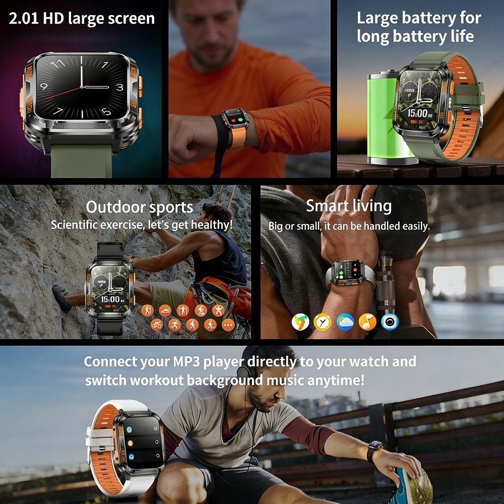 2026年 懐中電灯付き頑丈な男性用スマートウォッチ、Bluetooth通話機能付きアウトドアミリタリースマートウォッチ、ストラップ2本、睡眠モニター、100種類以上のスポーツモード、IP68防水フィットネスウォッチ（Android、iOS、iPhone対応）  コレクション – $63.99 –P4