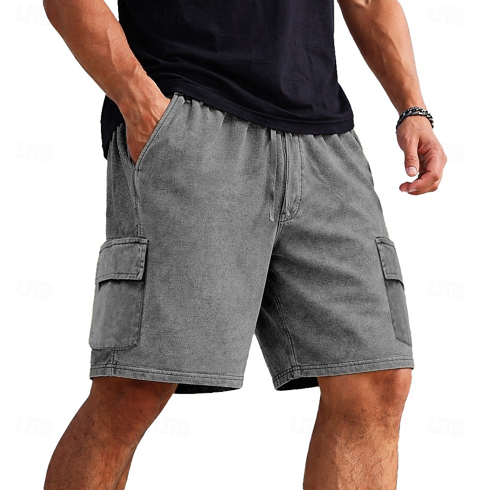 Shorts cargo pour homme SoftFade™ Shorts 100 % coton Shorts délavés avec poches Taille élastique Unie Lavée Confortable Respirant Longueur genoux Décontracté Extérieur Plage Vacances Mode Noir Marine de 2026 ? $31.99 –P5