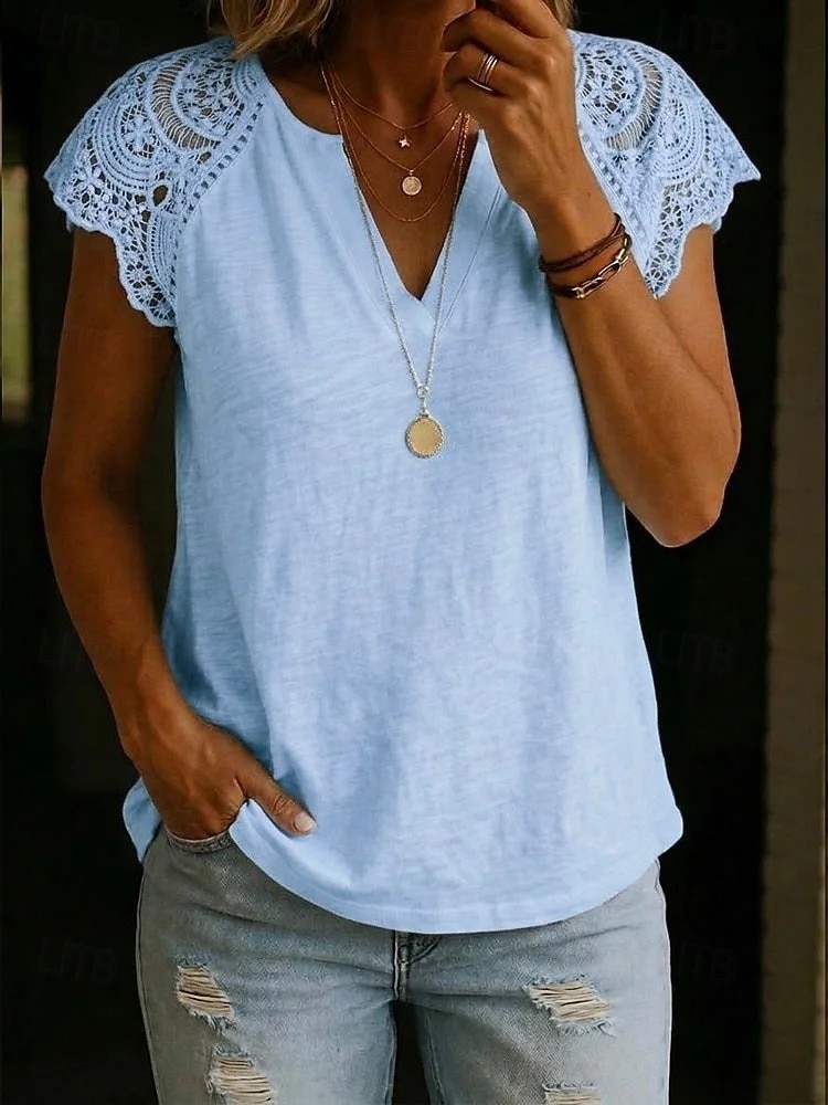 Women's Blouse Solid Color Vintage Stylish Basic Short Sleeve V Neck Regular Tops Daily Blue Black White Yellow Pink Summer Spring 2026 - $27.99 –P6