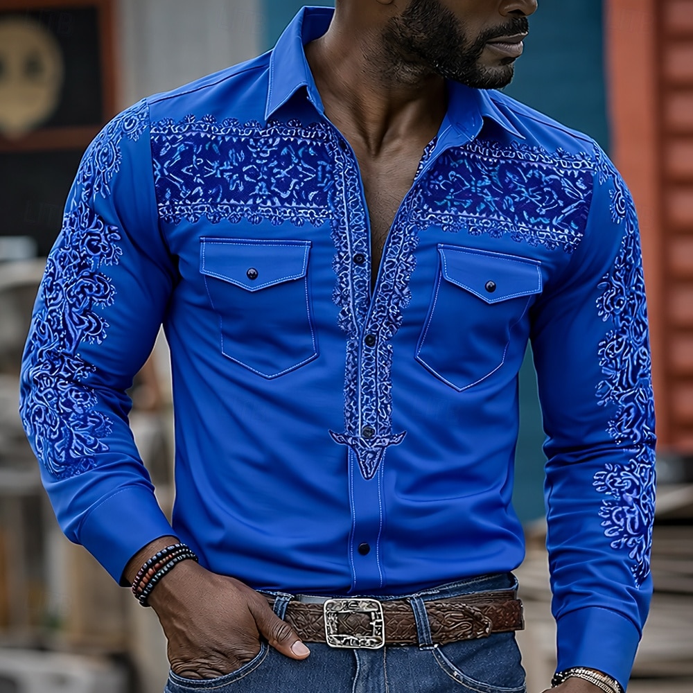 Herren Kuhmuster Ethnisch Komplizierte Blumen Hemd Westernhemd Cowboy-Shirt Langarm Vintage-Retro Lässig Outdoor Arbeitskleidung Frühling Herbst Umlegekragen Zwei Fronttaschen Leinenähnliches Hemd 2026 - $27.99 –P5