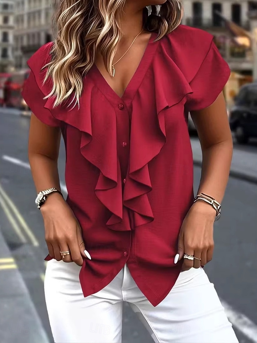 Damskie Koszula Bluzka Bluzki z szyfonu Koszula z falbanką Falbana Równina Elegancki Podstawowy Klasyczny Krótki rękaw W serek Zwykłe topy Codzienny Święto Wyjściowe Czarny Biały Wino Ciemnozielony 2026 - $21.99 –P8