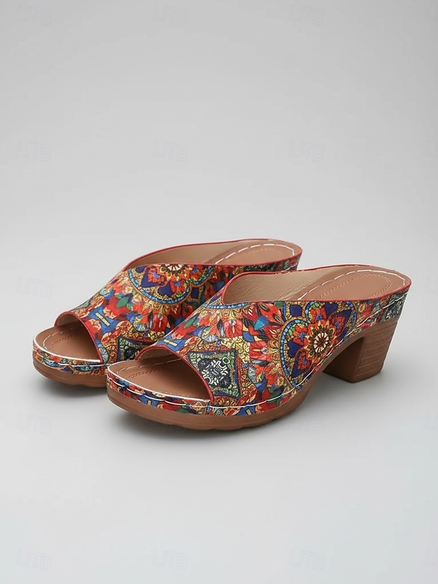 Sandales à talons carrés imprimées style ethnique pour femmes – mules colorées à bout ouvert, idéales pour les vacances, les festivals et les tenues estivales décontractées. de 2026 ? $26.99 –P3