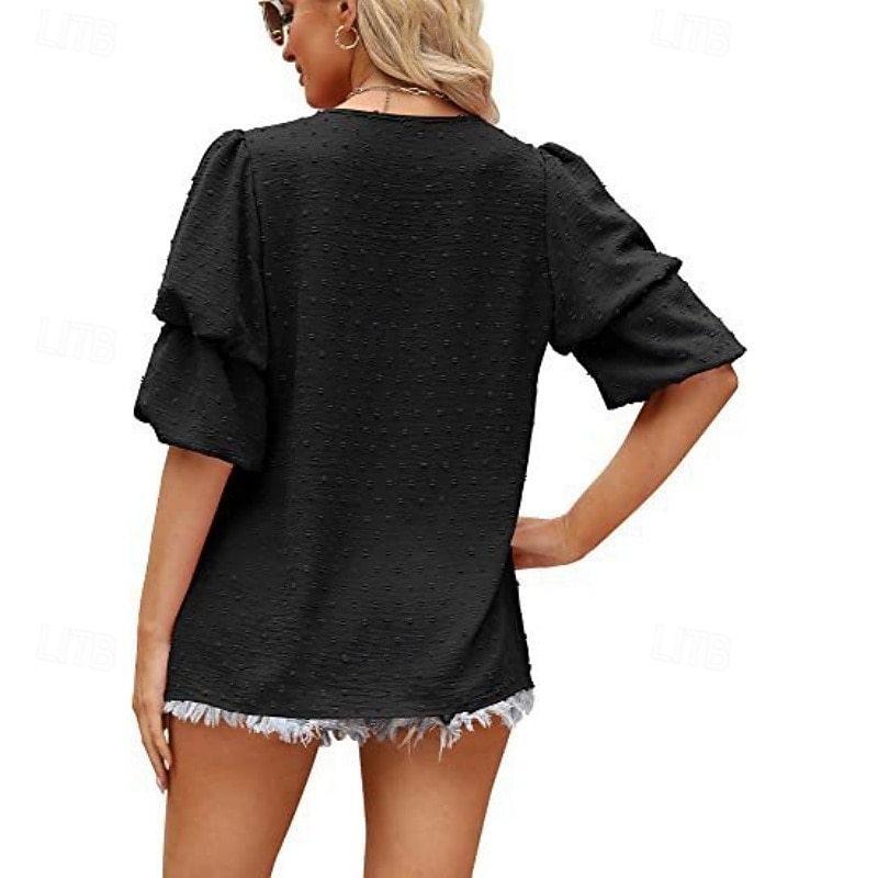 Mulheres Camisa Social Blusa Tops de chiffon Tecido à moda Básico Clássico Manga Curta Manga Princesa Decote V Tops regulares Casual Diário Feriado Azul Preto Branco Vinho Verde Escuro Verão Primavera de 2026 por $18.49 –P15