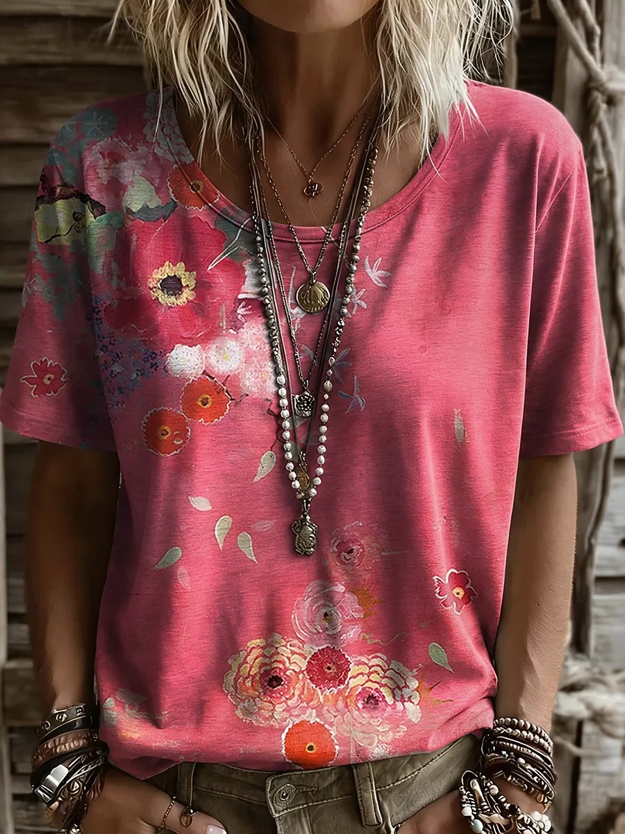 Women's T Shirt Print Floral Graphic Plants Vintage Stylish Casual Short Sleeve Crew Neck Round Neck Regular Tops Casual Daily Blue Pink Purple Summer Spring 2026 - $22.99 –P3