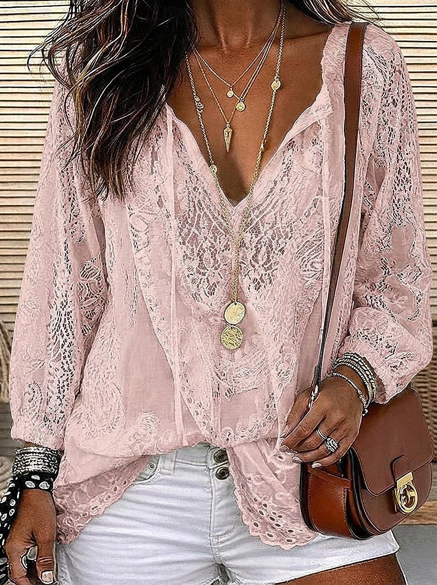 Női Ing Boho ing Blúz Csipke felsők Csipke Tömör szín Virágos Alap Alkalmi Hosszú ujj V-alakú Normál felsők Hétköznapi Napi Fehér Arcpír rózsaszín Khakizöld Nyár Tavasz 2026 - $26.99 –P3