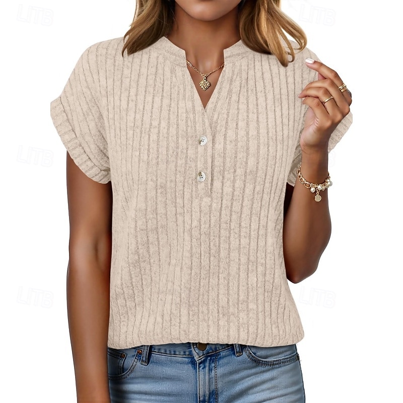 Per donna Maglietta Bottoni Tinta unica Moda Classico Casual Manica Corta Scollo a V Top Regolari Quotidiano Uscire Weekend Blu Nero Verde militare Grigio Estate Primavera del 2026 a $22.99 –P4