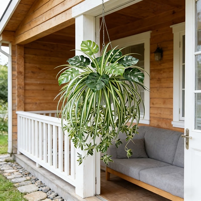 Sada 2 ks = pavoučí rostlina + monstera, umělé závěsné rostliny v severském stylu, UV odolná venkovní zeleň pro domov, obývací pokoj, dekoraci na balkon, vhodné na Valentýna, Velikonoce atd. 2026 - $16.99 –P3
