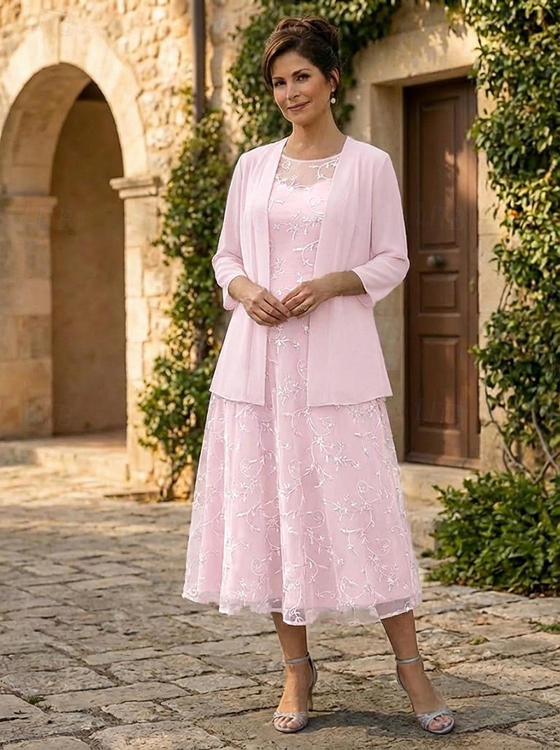 Zweiteilig A-Linie Knöchellänge Tee-Länge Kleid für Hochzeitsgäste Brautmutterkleid Ärmellos Dreiviertelarm Rundhalsausschnitt Elegant Einfach Minimalistisch Formell Semi-Formal Chiffon Spitze mit 2026 - $171.99 –P6