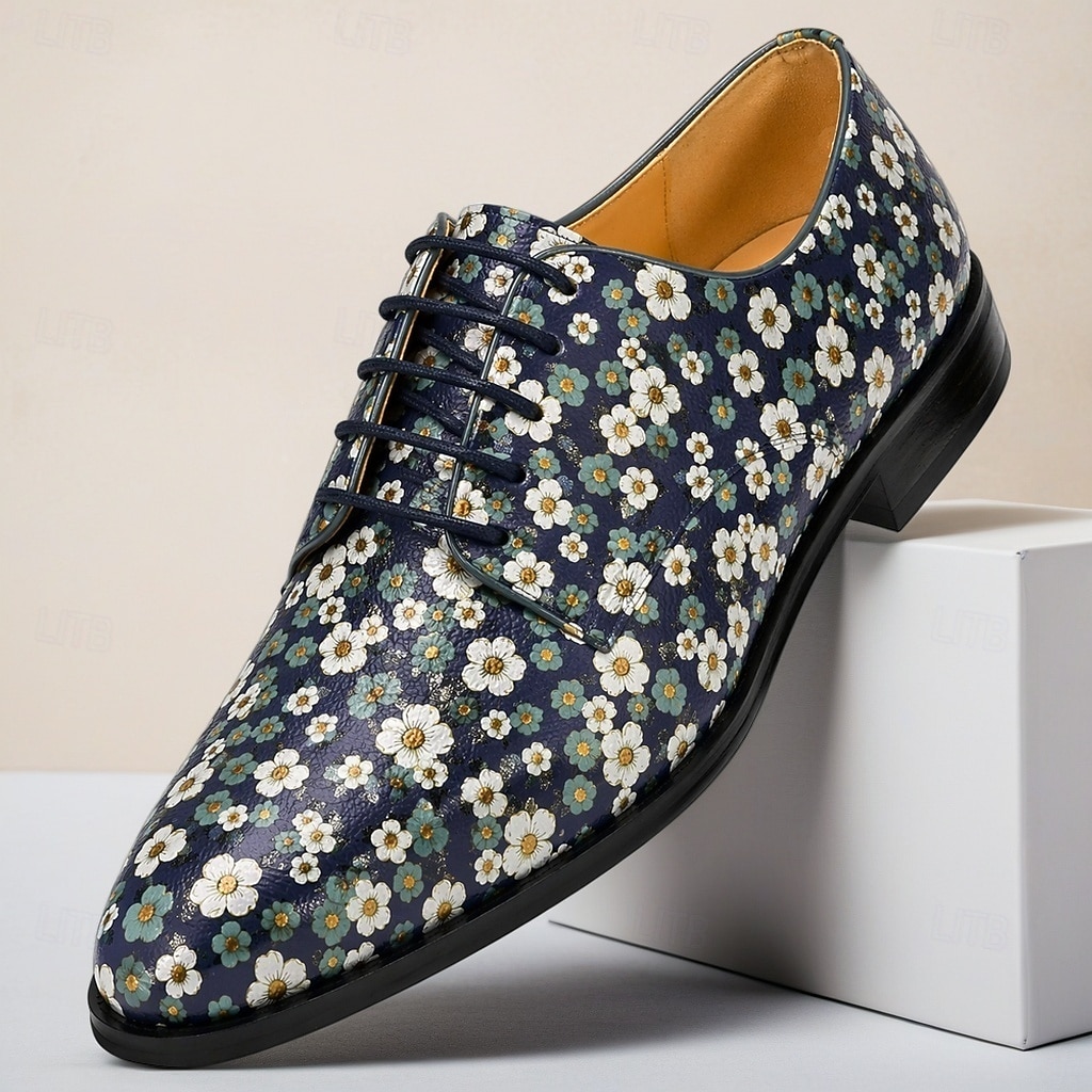 Scarpe eleganti stringate da uomo in vera pelle blu navy con stampa a margherite, modello Oxford vintage floreale, perfette per matrimoni, balli di fine anno, cene e eventi formali. del 2026 a $109.99 –P7