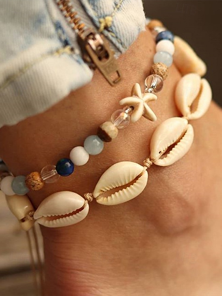 Женский богемный браслет на лодыжку из ракушек с подвесками в виде звезд, двухслойный, регулируемая длина, идеально подходит для пляжного отдыха, повседневной носки и летних аксессуаров. 2026 - $7.99 –P3