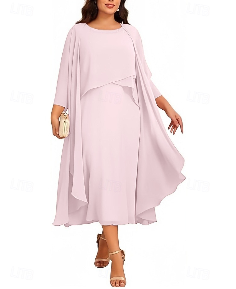 Two Piece A-Line Tea Length Wedding Guest Dress Mother of the Bride Dress 3/4 Length Sleeve Jewel Neck Elegant Vintage Wedding Party Chiffon with Beading 2026 - $183.99 –P10