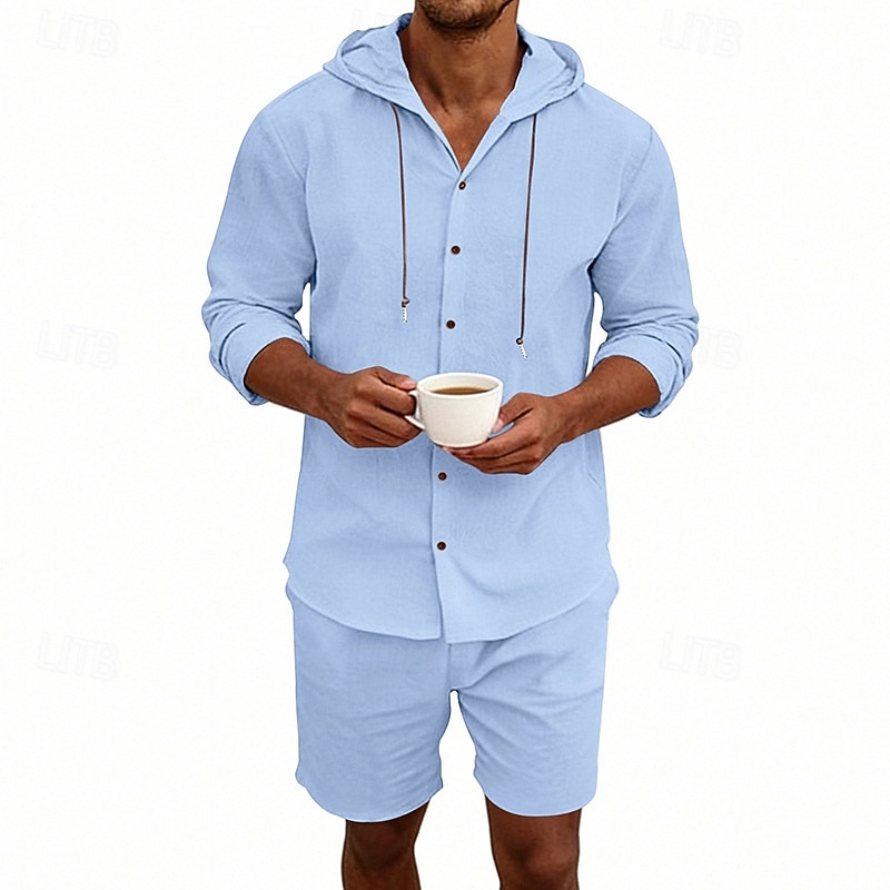 Ανδρικά Πουκάμισο λινό 2 Κομμάτια Σετ πουκαμίσου Και Σορτσάκια Σορτς από λινό Σορτς παραλίας Σειρά Σκέτο Καθημερινά ΕΞΩΤΕΡΙΚΟΥ ΧΩΡΟΥ Διακοπές Με Κουκούλα Μακρυμάνικο Καλοκαίρι Άνοιξη 2026 - $36.99 –P20