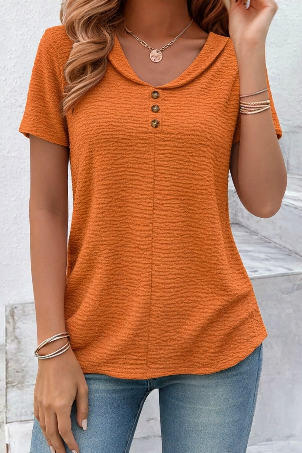 Women's Shirt Popover Shirt Summer Shirt Casual Shirt Solid Color Plain Vacation Fashion Casual Short Sleeve V Neck Long Tops Streetwear Beach Holiday Orange Summer Spring Fall 2026 - $21.99 –P1