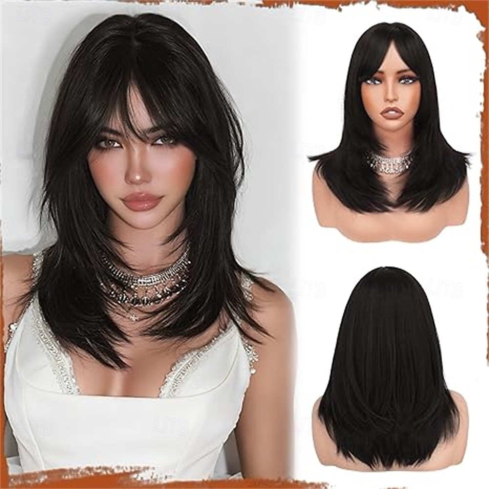 Peruca longa, lisa e em camadas, rosa, com franja, 40 cm (16 polegadas), com raízes escuras, aparência natural, cabelo sintético macio e resistente ao calor, comprimento médio, ideal para uso diário e de 2026 por $32.99 –P2