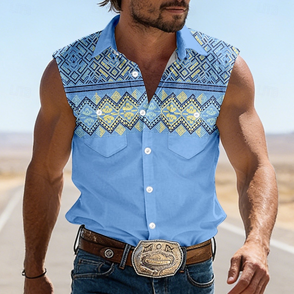 Herren Geometrisches Muster Ethnisch Westernhemd Cowboy-Shirt Ärmelloses Shirt Ärmellos Westernstil Outdoor Arbeit Lässig Sommer Frühling Umlegekragen 3D-Druck Arbeitshemden Blau Rosa Khaki 2026 - $25.99 –P1