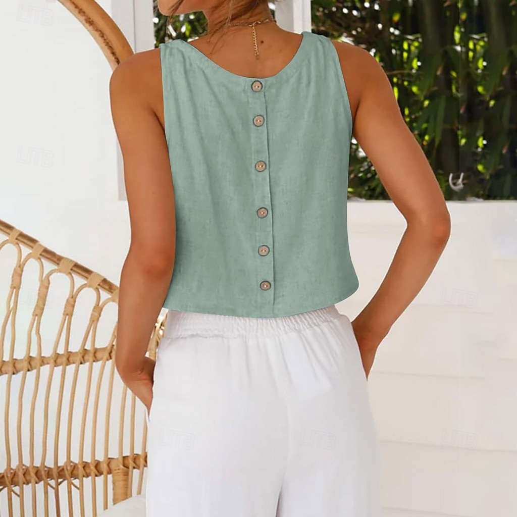 Damen Weste aus Baumwollleinen Tank Top Knöpfe Vintage Stilvoll Lässig Ärmellos Träger U-Ausschnitt Normale Oberteile Täglich Ausgehen Urlaubskleidung Salbeigrün Weiß Hellgrau Aprikose Sommer Frühling 2026 - $18.49 –P4