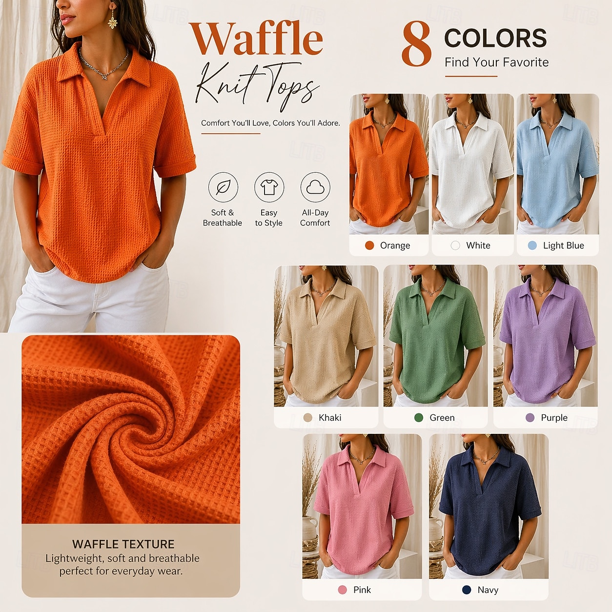 Damen T Shirt Poloshirts T-Shirt Waffelstricktops Einfach Mode Stilvoll Basic Kurzarm Hemdkragen Normale Oberteile Täglich Ausgehen Wochenende Blau Schwarz Weiß Orange Grün Sommer Frühling 2026 - $27.99 –P1