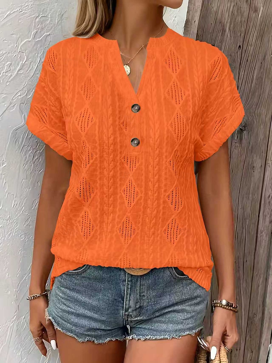 Per donna Blusa Testurizzato Tinta unica Vintage Elegante Essenziale Manica Corta Scollo a V Top Regolari Quotidiano Blu Nero Bianco Rosa Rosso Estate Primavera del 2026 a $28.99 –P4