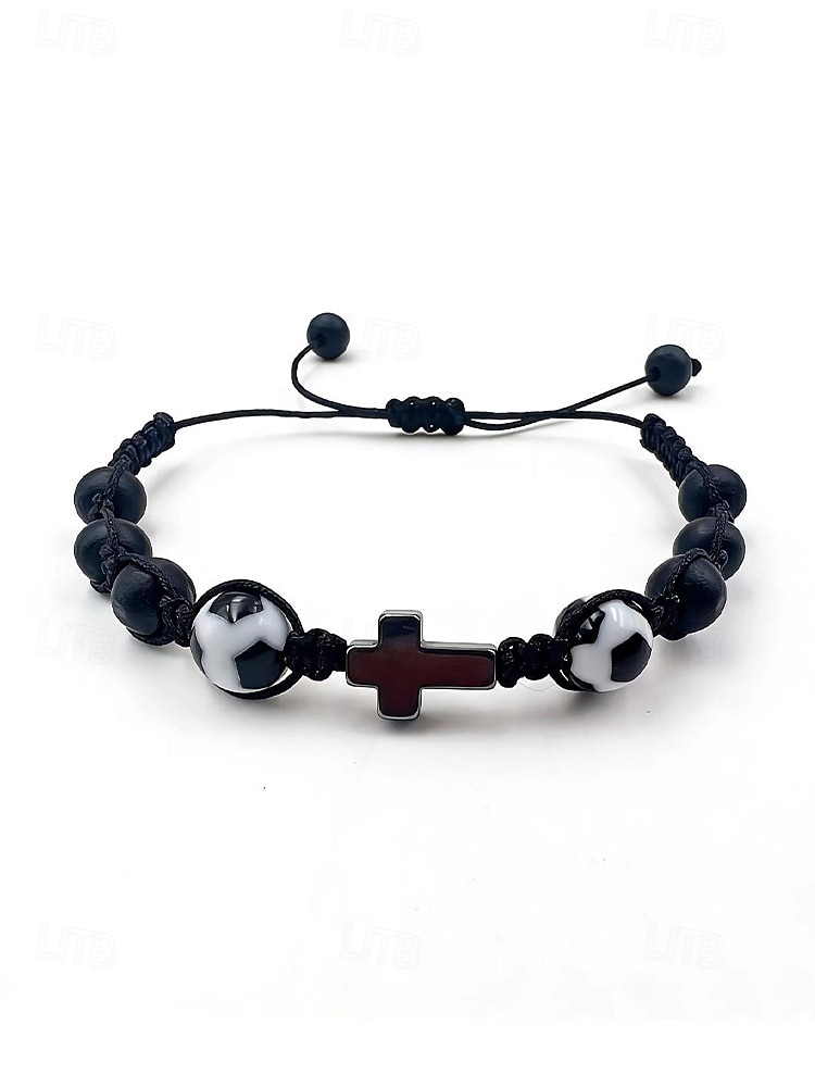 Pulsera deportiva para hombre de materiales mixtos con motivos de fútbol y baloncesto. &Cuentas de fútbol, tamaño ajustable, accesorio de apoyo para aficionados, ropa informal para el día del partido, 2026 - $7.99 –P6