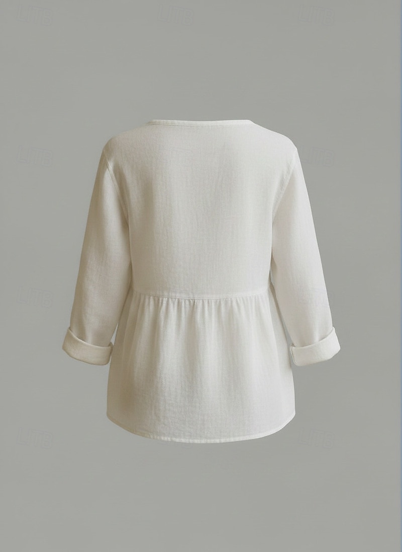 Blusa de Algodón y Lino para Mujeres Botones Color Sólido Elegante Casual Manga Larga Cuello en V Tops Regulares Diario Blanco Amarillo Rosa Verde Verano Primavera Otoño 2026 - $21.99 –P8