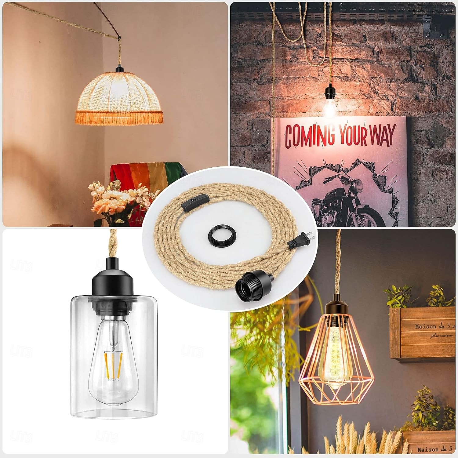 15 stóp z 1 wtyczką do lampy wiszącej, 23 stopy z 3 wtyczkami do lampy wiszącej, lampy wiszące z przewodem wtykowym, zestaw lamp wiszących z konopnej liny z dwustopniowym przełącznikiem, zestawy lamp 2026 - $54.99 –P6
