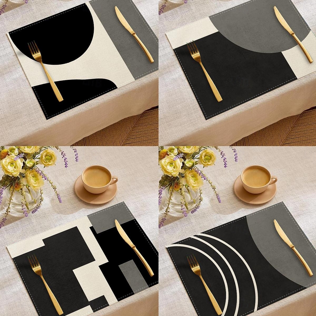 Черно-белая геометрическая салфетка под тарелку, прямоугольная, из 100% полиэстера, с абстрактным геометрическим узором, можно стирать в машине, термостойкая. 2026 - $9.49 –P1