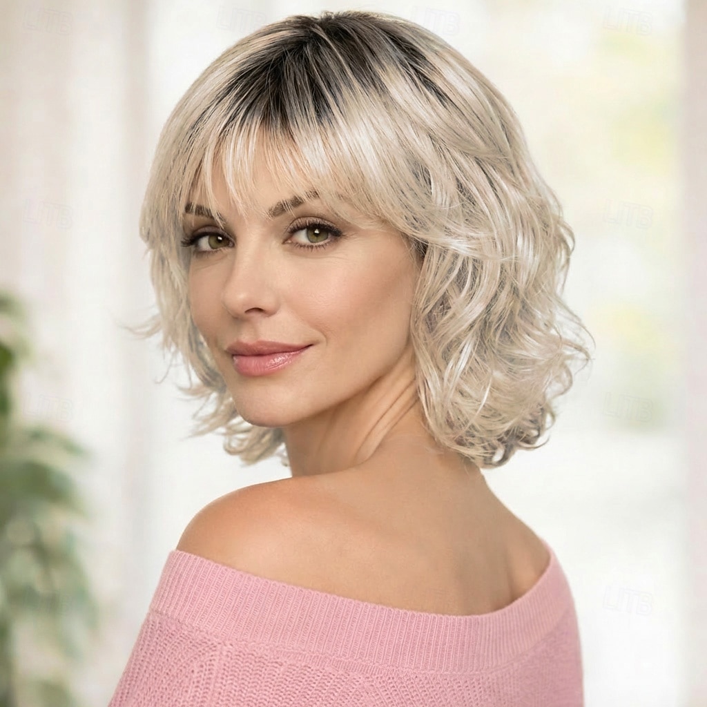 Elegante parrucca sintetica bob da donna - biondo platino con radici scure, onde morbide e frangia del 2026 a $29.99 –P2