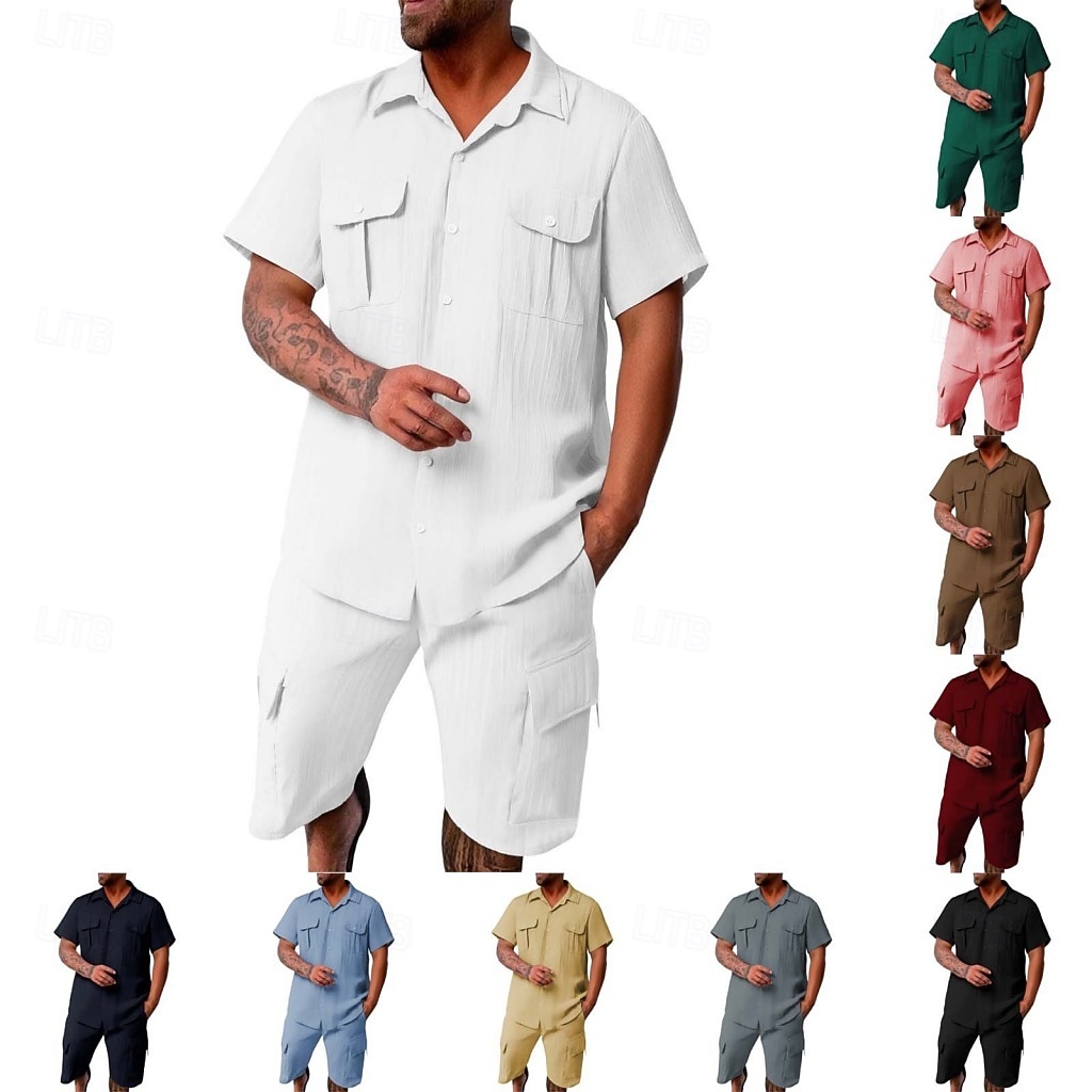 2026年 男性用 スタイル ２個 シャツセット そして ショーツ ビーチショーツ 設定 平織り カジュアル 日常 アウトドア 折襟 半袖 夏 ファッション カジュアル 快適 衣類  コレクション – $39.99 –P1