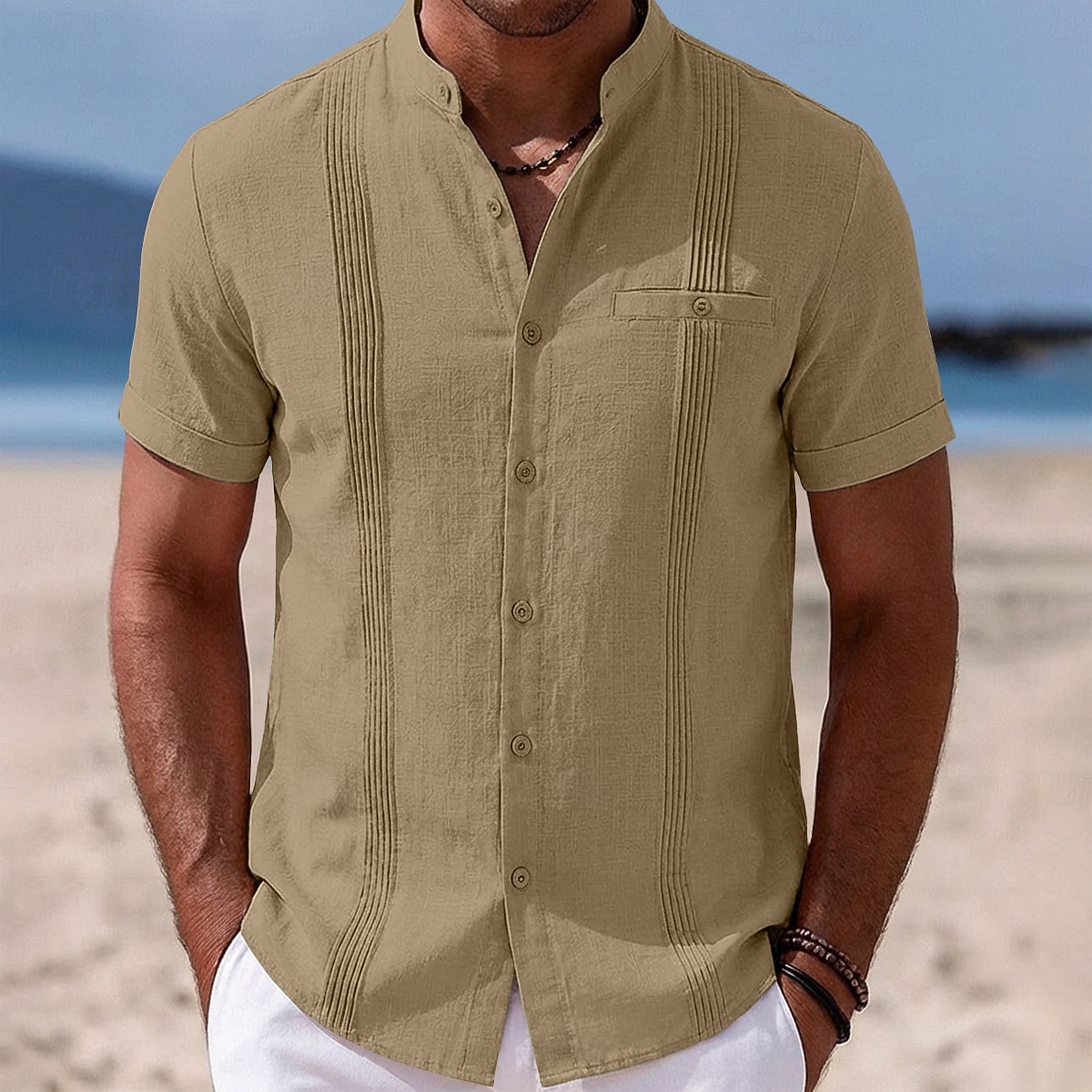 Herr Skjorta Linneskjorta Sommarskjorta Strandskjorta Hawaii skjorta Ensfärgat Ledigt Dagligen Blå Mörkgul Svart Marinblå Kortärmad Krage Vår & sommar Sommar Kläder Rynkad 2026 - $25.99 –P7