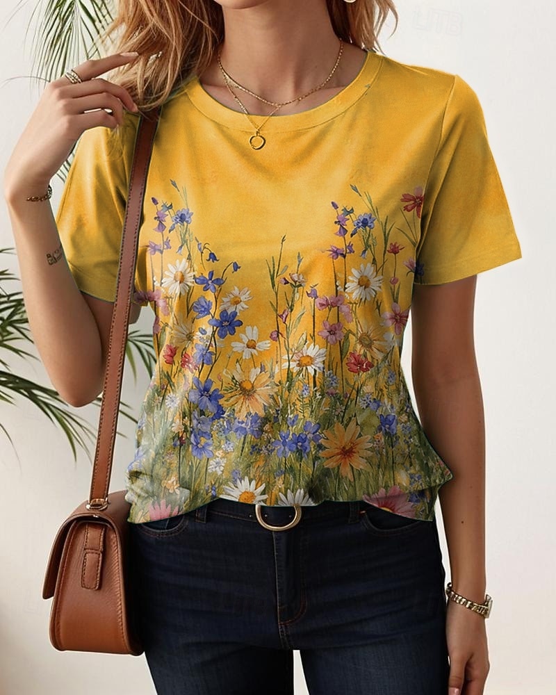 Damskie Podkoszulek Nadruk Kwiaty Graficzny Rośliny Moda Elegancki Klasyczny Krótki rękaw Półgolf Zwykłe topy Codzienny Weekend Niebieski Żółty Rumiany róż Jasnofioletowy Lato Wiosna 2026 - $21.99 –P3