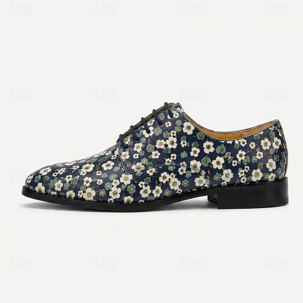 Scarpe eleganti stringate da uomo in vera pelle blu navy con stampa a margherite, modello Oxford vintage floreale, perfette per matrimoni, balli di fine anno, cene e eventi formali. del 2026 a $109.99 –P6