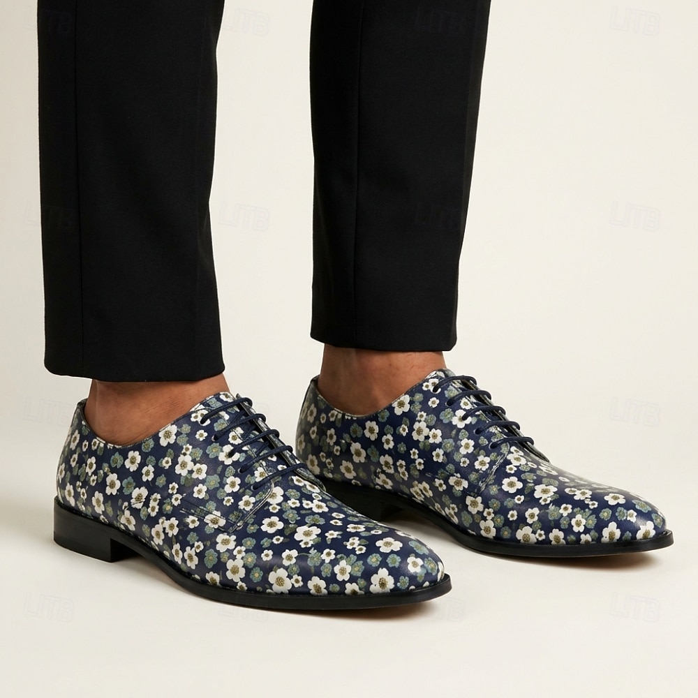 Scarpe eleganti stringate da uomo in vera pelle blu navy con stampa a margherite, modello Oxford vintage floreale, perfette per matrimoni, balli di fine anno, cene e eventi formali. del 2026 a $109.99 –P2