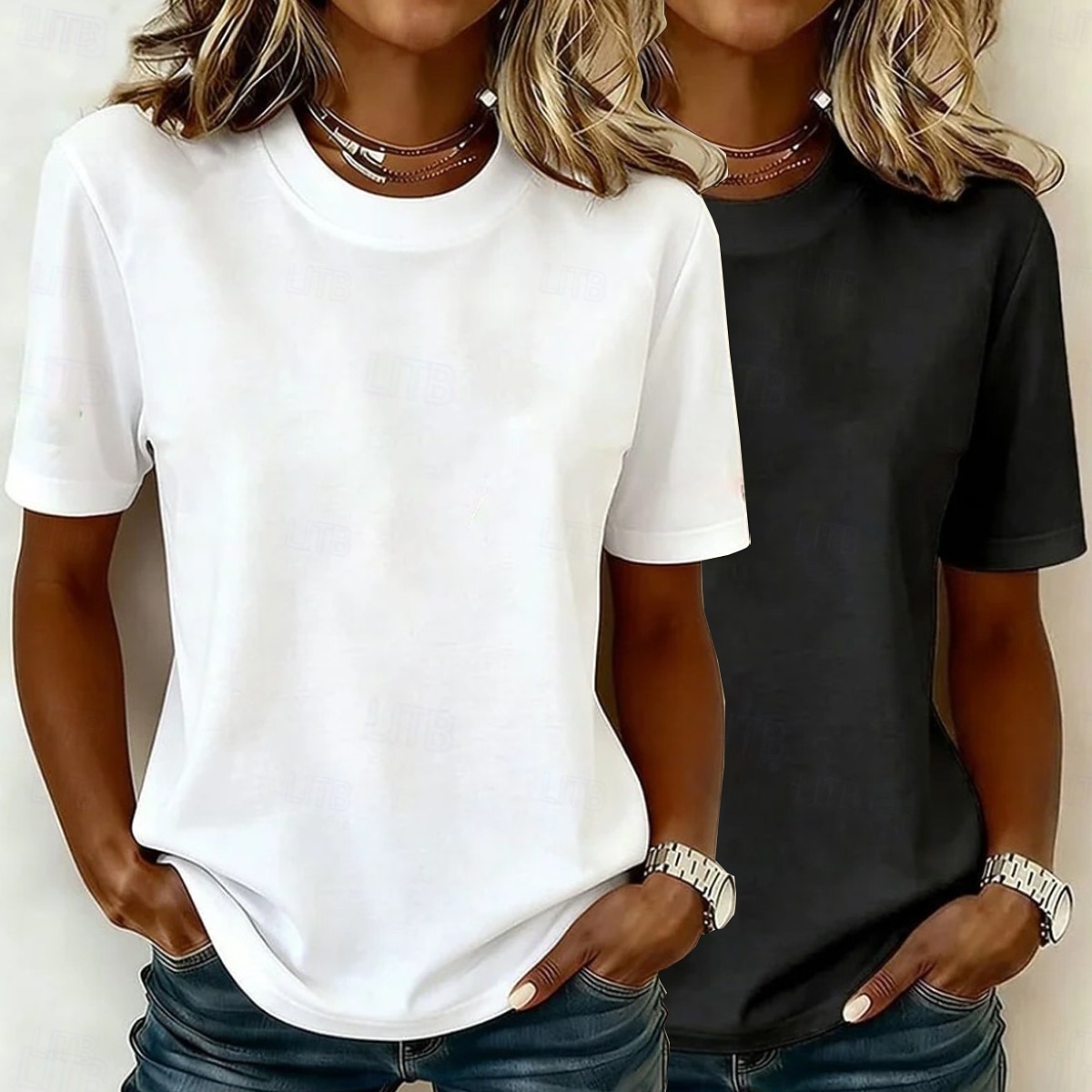 Kvinners 100% bomull T-skjorte basic klassisk moderne kortermet rund hals vanlige topper casual daglig utgang svart/rød hvit+rosa hvit/svart grønn/blå hvit+orange sommer vår 2026 - $10.49 –P7