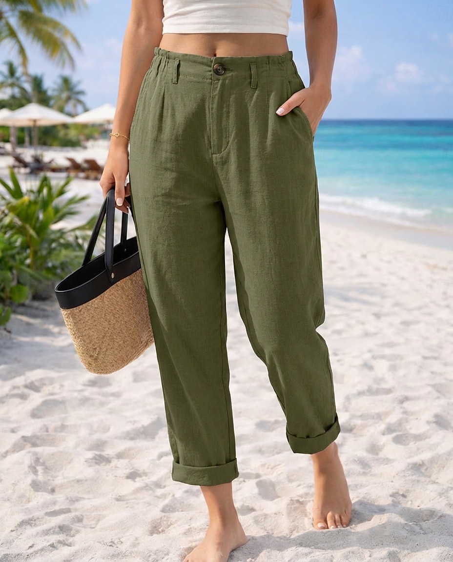 Pentru femei Pantaloni cu aspect de in Pantaloni casual Vacanță De Bază Lungime până la glezne Talie Înaltă Comfortabil Inelastic Vacanță Oficial Stradă Albastru piscină Gri Închis Caisă Negru Var 2026 - $29.99 –P7