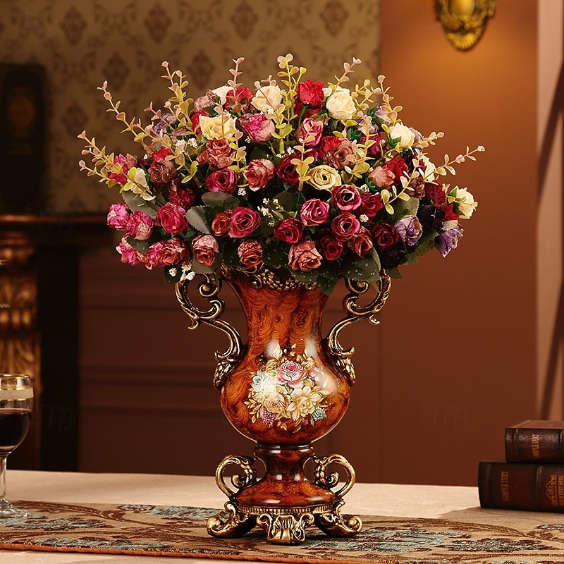 europeisk kunstig vintage blomsteroppsats vasesett gyllen harpiksvase falsk blomst, luksuriøs europeisk stil hjemmeinnredning, bordblomsteroppsats for stue, kontor, hotell, inngangsparti 2026 - $79.99 –P6