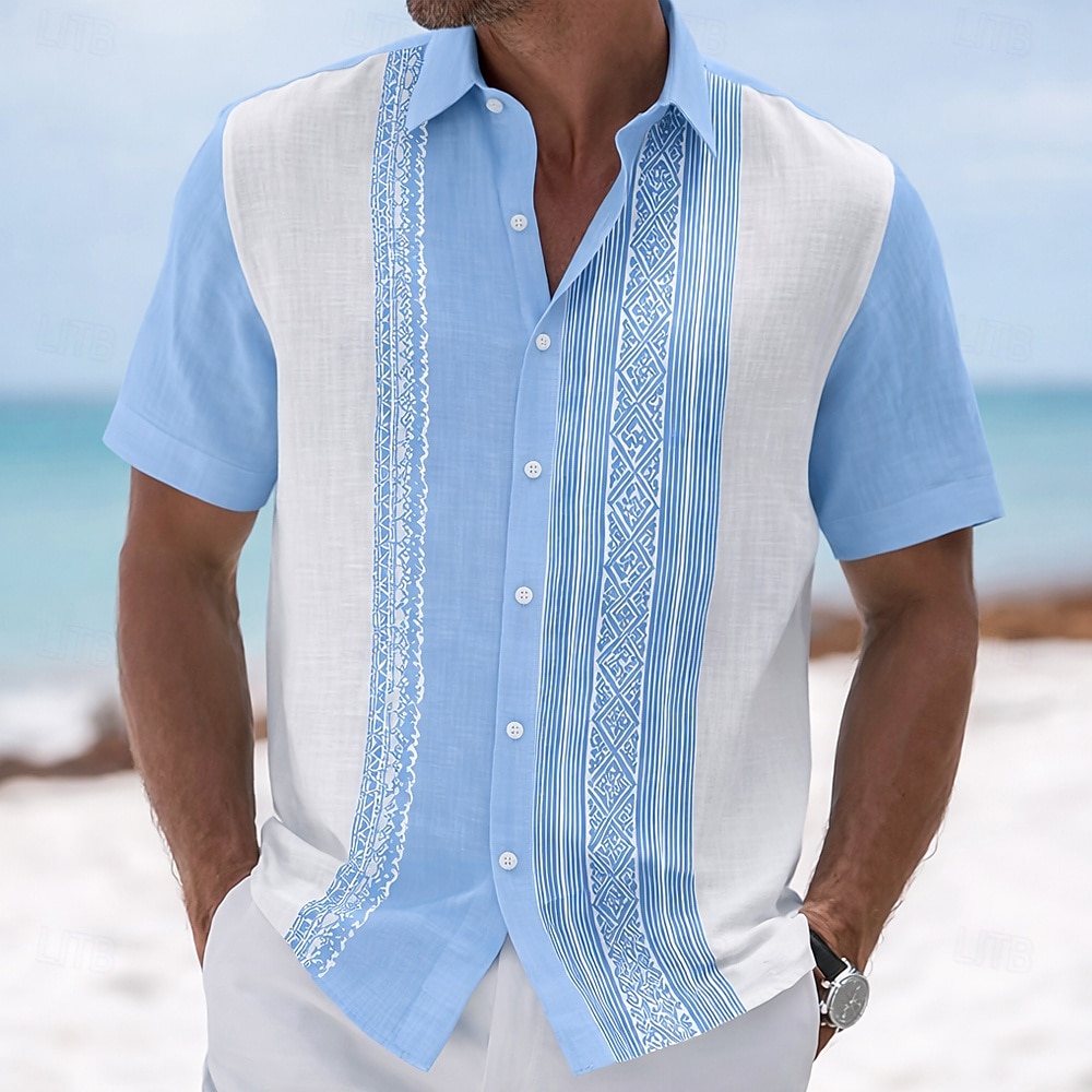 Męskie Geometryczny Prążki Koszula Koszula Guayabera Zapinana na guziki koszula Krótki rękaw Moda na co dzień Codzienny Na zewnątrz Urlop Lato Wiosna Wieczorne Druk 3D Koszula z lnu Niebieski Rumiany 2026 - $25.99 –P1
