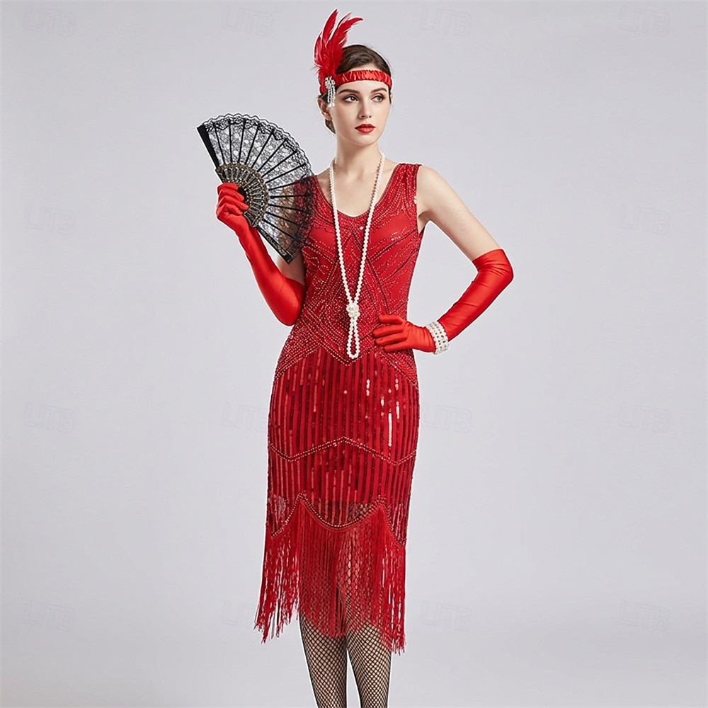 Zabytkowe Ryczące 20s 1920 roku Do kolan Sukienka w stylu lat 20-tych Rękawiczki Nakrycie głowy Bez rękawów Wielki Gatsby Czarleston Cekiny Frędzel Strój na bal maskowy Damskie Halloween Karnawał 2026 - $64.99 –P13