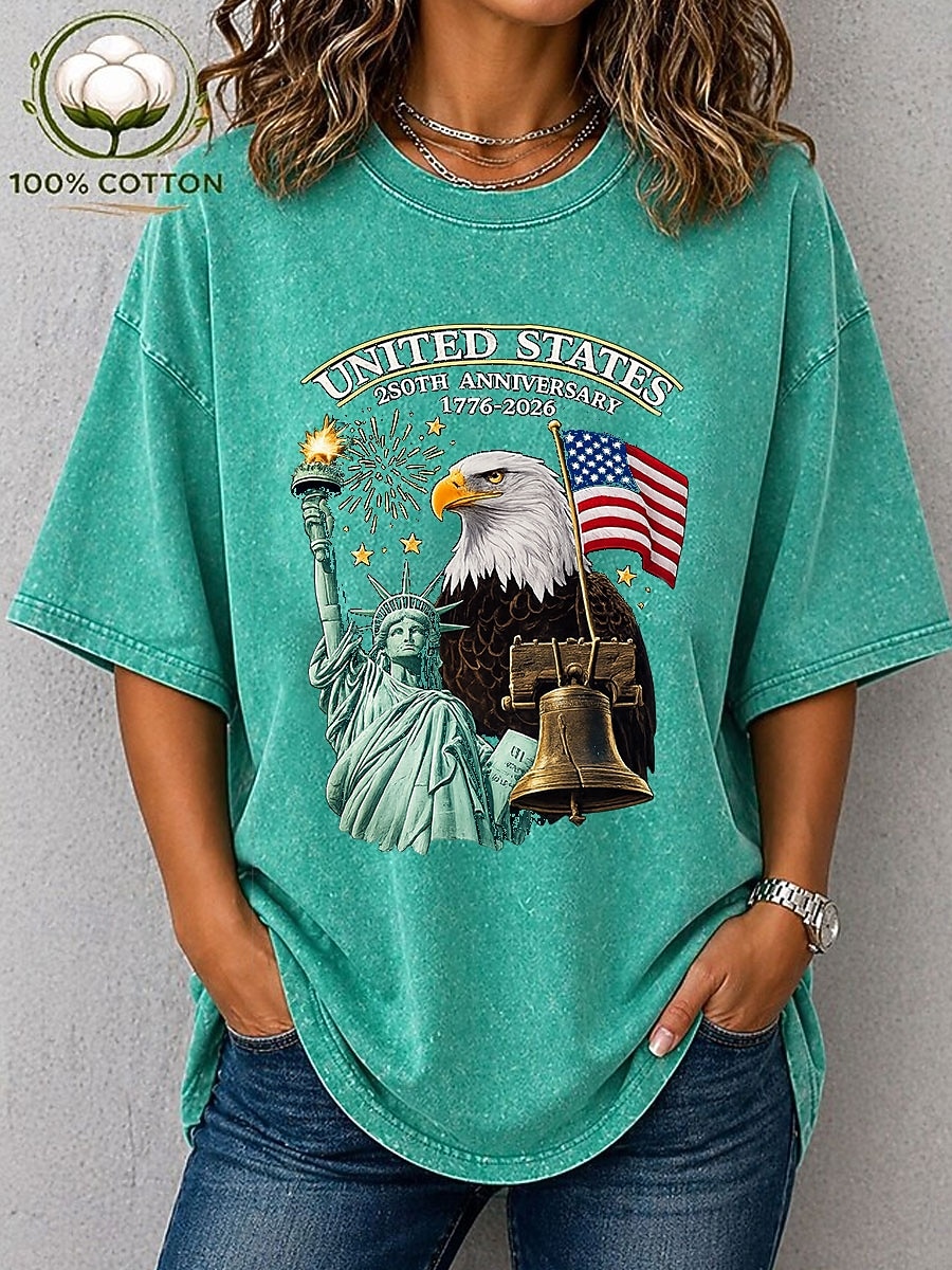 amerikanska självständighetsdagen dam-t-shirt i 100 % bomull bomullsskjorta vintage tvättad topp tryck grafiskt flagga snygg grundläggande klassisk kortärmad rund hals vanlig topp casual daglig blå svart lila grön 2026 - $29.99 –P5