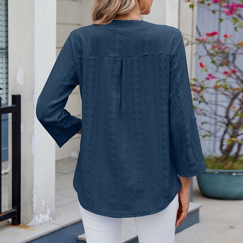 Women's Texture Blouse Eyelet Top Pointelle Tee T Shirt Eyelet Striped Fashion Classic Casual Long Sleeve V Neck Regular Tops Casual Daily Beach Black White Navy Blue Sky Blue Orange Summer Spring 2026 - $28.99 –P6