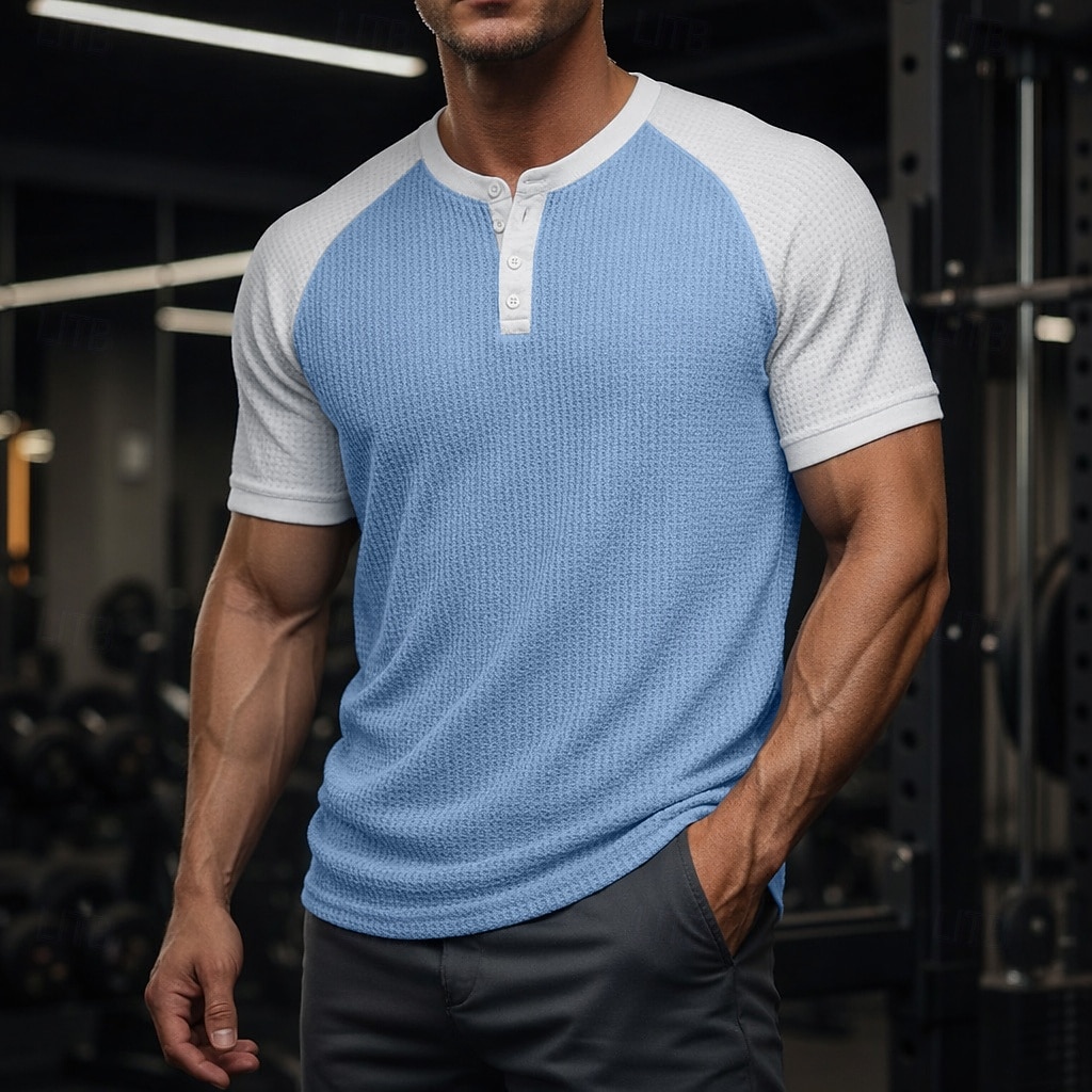 Муж. Футболка с вафельным рисунком Футболка С короткими рукавами Сплошной цвет Мода Оригинальный рисунок На каждый день Цветовые блоки Рукав «реглан» Хенли Повседневные на открытом воздухе 2026 - $21.99 –P8