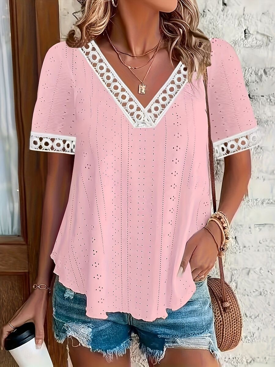 Per donna Top traforato Maglietta traforata Maglietta Testurizzato Elegante Classico Manica Corta Scollo a V Top Regolari Casuale Spiaggia Bianco Giallo Rosa Estate del 2026 a $25.99 –P8