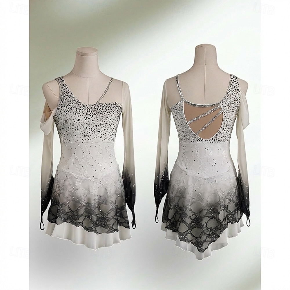 Robe de patinage artistique Femmes Fille Patinage Robe Noir Blanc Patchwork Ourlet asymétrique Spandex Maille Haute Élasticité Entraînement Compétition Tenue de Patinage Classique cristal pailleté de 2026 ? $305.19 –P1