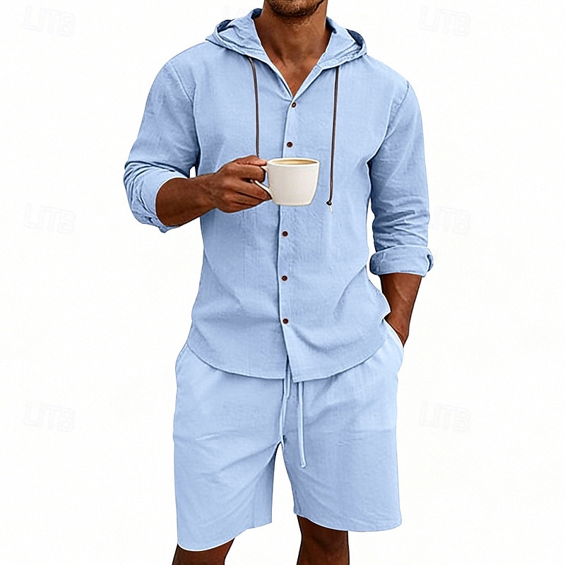 Ανδρικά Πουκάμισο λινό 2 Κομμάτια Σετ πουκαμίσου Και Σορτσάκια Σορτς από λινό Σορτς παραλίας Σειρά Σκέτο Καθημερινά ΕΞΩΤΕΡΙΚΟΥ ΧΩΡΟΥ Διακοπές Με Κουκούλα Μακρυμάνικο Καλοκαίρι Άνοιξη 2026 - $36.99 –P19