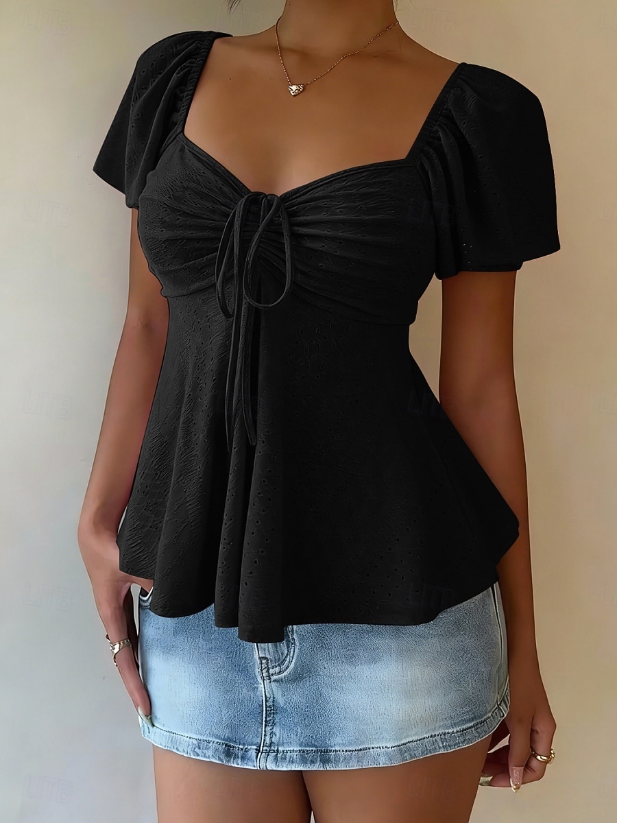 Femmes Chemisier Cordon de serrage Œillet Couleur Unie Élégant Sexy Occasionnel Manche Courte Col carré Hauts Réguliers Quotidien Noir Blanche Jaune Rose Claire Bleu Ciel Été Printemps de 2026 ? $19.99 –P12