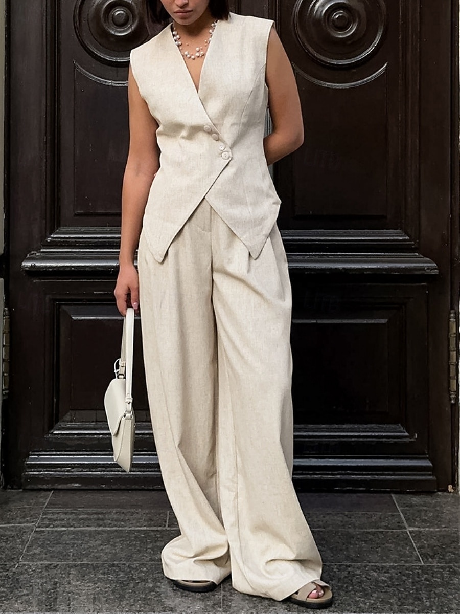 Per donna Set di biancheria in cotone Set da due pezzi Gilet Senza Maniche Scollo a V Semplice Moda Streetwear Casuale Quotidiano All'aperto Cachi Estate Vestibilità regolare del 2026 a $61.99 –P1