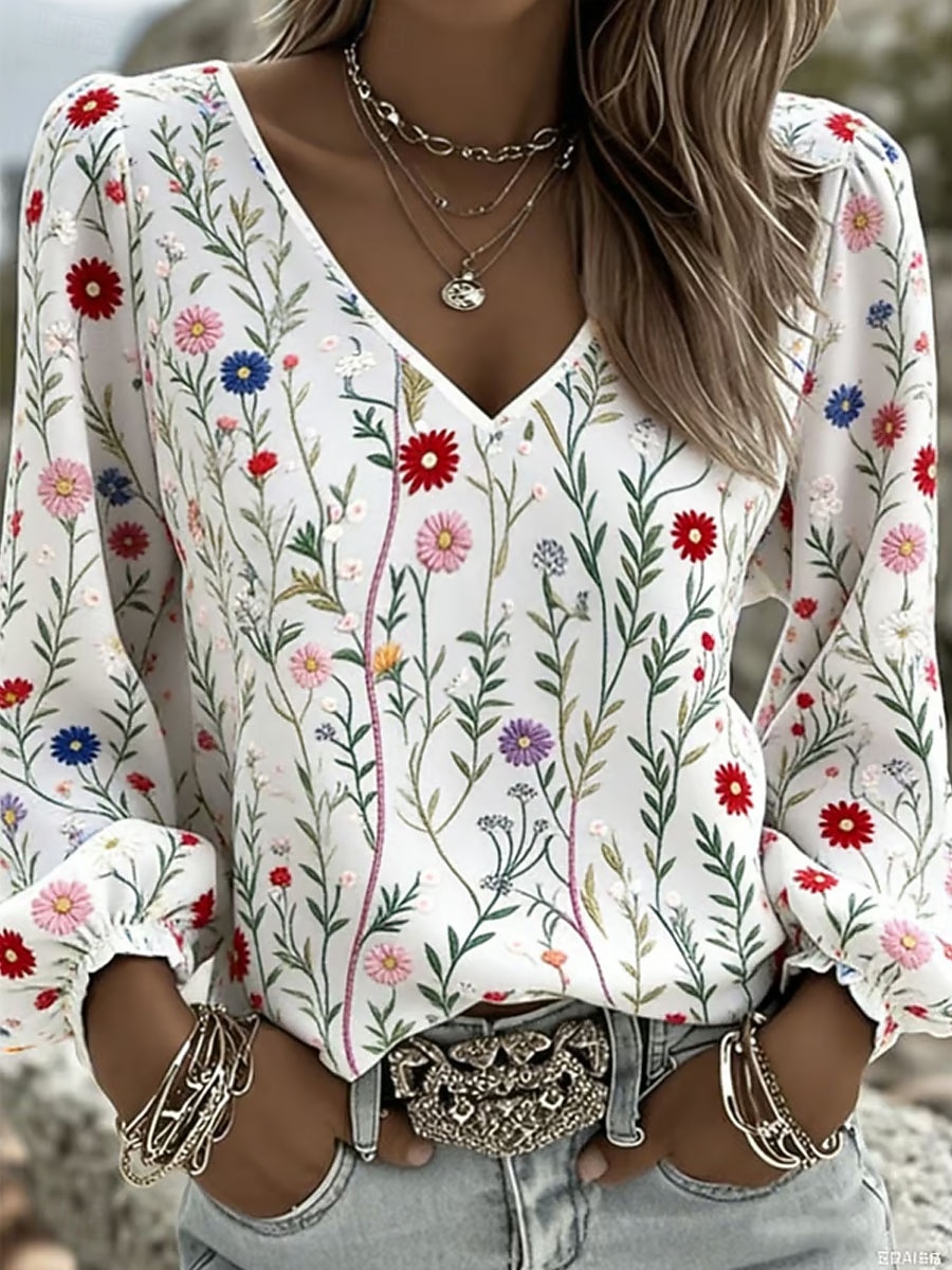 Mulheres Camisa Social Imprimir Floral Gráfico Boêmia Férias Vintage Manga Longa Manga lanterna Decote V Tops regulares Casual Diário Feriado Azul Branco Amarelo Cinzento Verão Primavera de 2026 por BHD 11.96 –P3