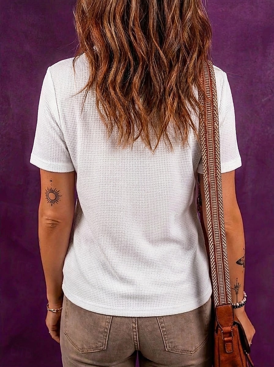 Damen Waffel T-Shirt T-Shirt Knopf vorne Einfarbig Elegant Stilvoll Formell Kurzarm Hemdkragen Normale Oberteile Lässig Ausgehen Schwarz Weiß Grün Sommer Frühling 2026 - $21.99 –P2