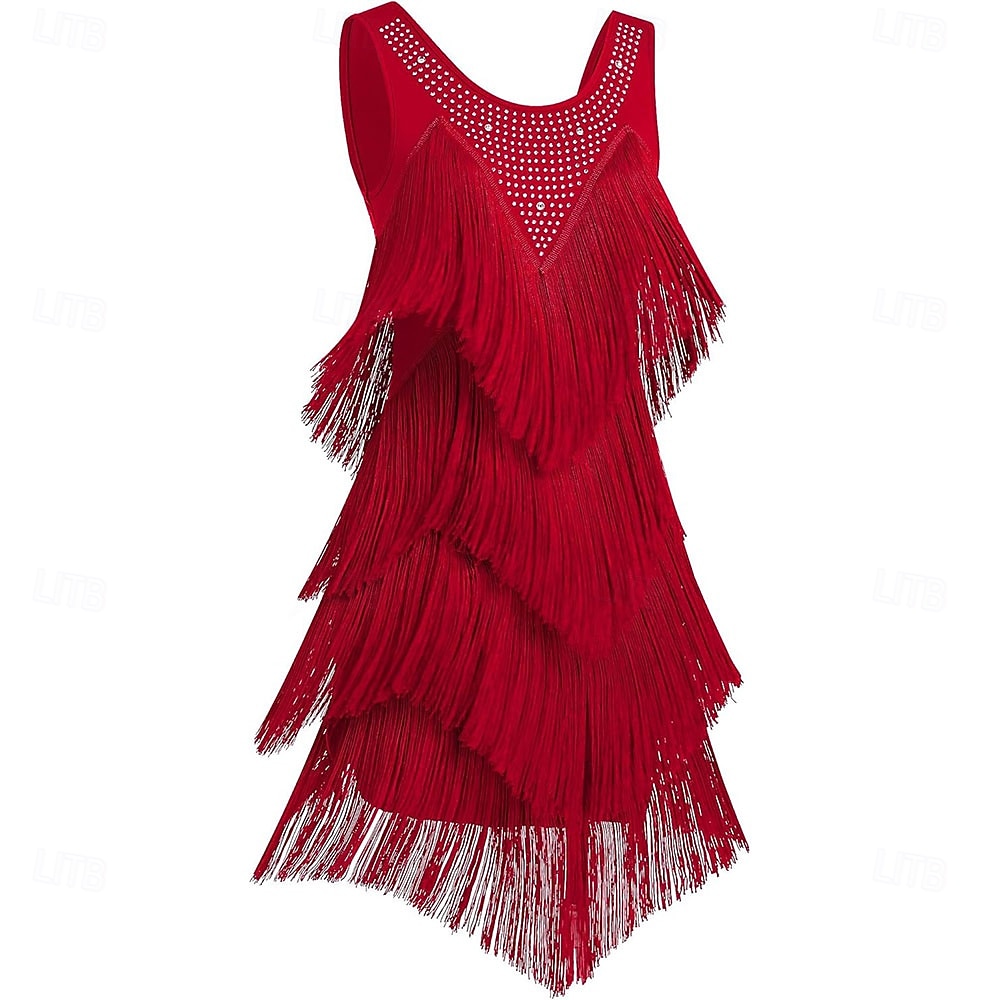 Women's Black Latin Ballroom Dance Wear - Rhinestone Sheer Mesh Sleeveless Bodysuit with Rhythmic Tassel Hem for Performance 2026 - $277.09 –P3