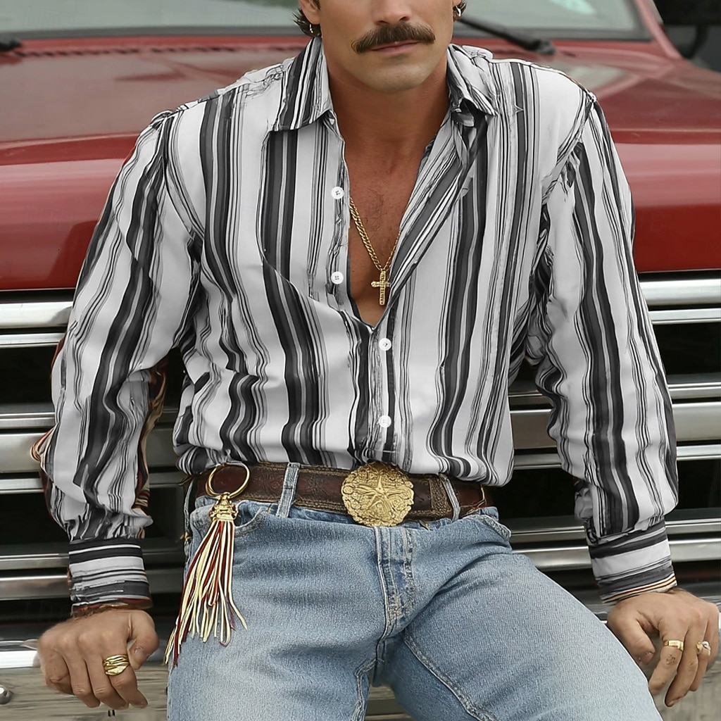 Bărbați Geometric Dungi Cămașă Cămașă occidentală Cămașă de cowboy Manșon Lung Vintage Retro Casual În aer liber Îmbrăcăminte de Muncă Vară Primăvară Răsfrânt Imprimare 3D Cămașă de in Cămăși cu 2026 - $27.99 –P3